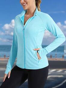 KEFITEVD 女士 UPF 50+ 运动外套 全拉链轻便健身夹克 SPF 防晒衣 徒步跑步 春季 - 淺藍色 - 查看 3