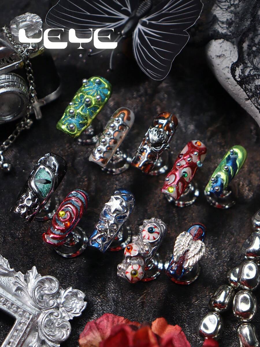 10入方型穿戴式假指甲 手工Y2K風 綠色、橘色、寶藍、紅色、銀色 3D金屬 眼睛、星星、翅膀、豆豆 龐克全覆蓋金屬感 穿戴式假指甲組 音樂節、節日、派對、婚禮、日常適用 女士與女孩美甲用品
