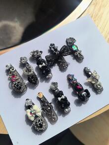 10pcs Gothic Style Nail Stickers, Luxury Unique Silver Gradient Glitter High-End Design, Skull, Metal Rabbit, Rose, Cross, Bow, Pearl, Teddy Bear And Other Punk Metal Y2K Nail Art Elements - Multicolor - View 5