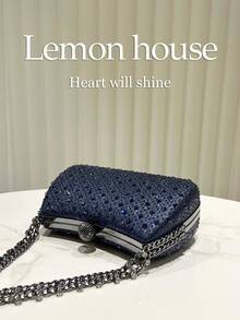 1pc Navy Blue Sparkling Rhinestone Clutch Bag, Luxury Elegant Box-Shaped Purse, Suitable For Evening Party, Wedding, Cocktail Party, Carnival, Gala And Other Occasions For Ladies - Navy Blue - View 6