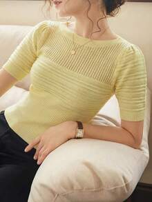 Knit Mix 優雅女款法式復古風針織泡泡袖上衣，春夏圓領修身T恤，簡約復古復古風隨機圖案黃色秋季 - 黃色 - 查看 3