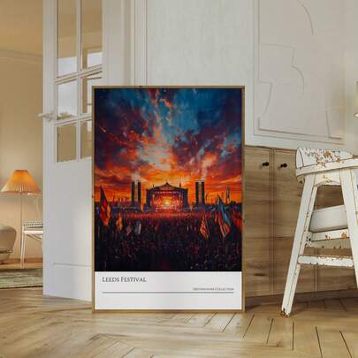 1pc Frameless "Sunset Concert Stage" Photography Art Print, Featuring An Audience And A Red Flag Style, Vintage Music Poster, Suitable For Living Room, Bedroom, Dorm Room Decoration, Poster, Wall Art, A Must-Have For College Dorms