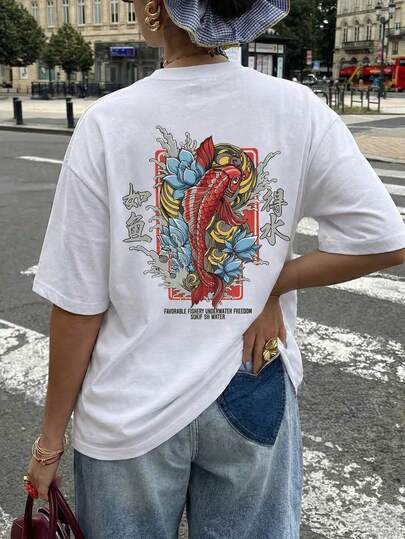 Japanese "Perspective" Koi Fish Women's T-Shirt, Regular Fit Oriental Aesthetic Pattern T-Shirt, Comfortable Zen-Inspired Short Sleeve Top, Unique Round Neck Retro Streetwear Lucky Carp Art Apparel