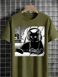 [Black Cat T-Shirt] Relaxed Fit Black Casual  Cat Graphic T-Shirt |   Short Sleeve Crew Neck, Summer Style, Polyester Blend2025 - 軍綠色 - 查看 1