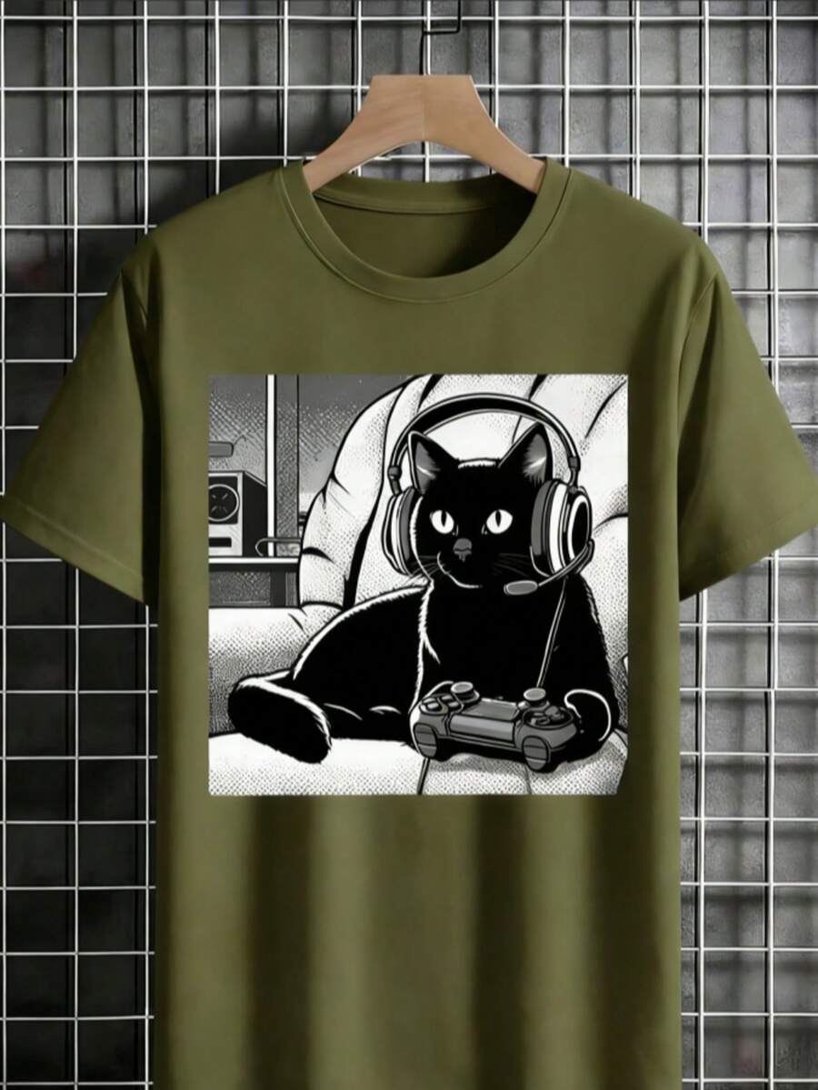 [Black Cat T-Shirt] Relaxed Fit Black Casual  Cat Graphic T-Shirt |   Short Sleeve Crew Neck, Summer Style, Polyester Blend2025 - 軍綠色 - 查看 1