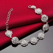 925 Sterling Silver Plated Rose Flower Chain Bracelet For Women Fashion Charm Wedding Engagement Party Jewelry - Silver - View 3