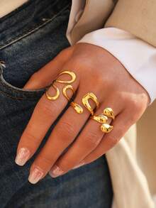 Frminee 3pcs/Set Fashionable, Minimalist, Elegant, Personalized, Exquisite, Unique 18K Gold Plated Stainless Steel Stackable Rings, Beach Surfing Rings, Statement Rings, Women's Daily Wear Jewelry, Waterproof - Gold Style 5 - View 4
