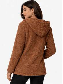 Women's Teddy Animal Print Hooded Jacket – Leopard Style With Fur Pockets - Everyday Wear - Rust Brown - View 2