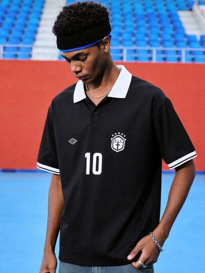 EVRINFINITE 男式纯色拼布短袖数字印花 Polo 衫