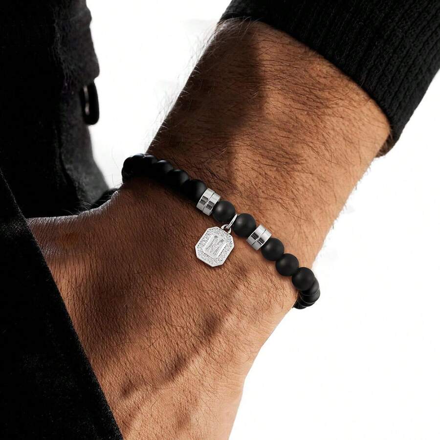 1件简约时尚银色方块字母吊坠宝石串珠手链男士 - 黑色 - 查看 1