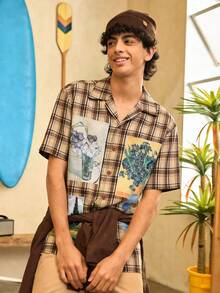 Open Phase 1 Áo sơ mi tay ngắn kẻ caro chắp vá, kẻ caro vàng, tranh sơn dầu in họa tiết chắp vá, trang phục thường ngày, thiết kế tối giản và đa năng - Nhiều màu - Xem 1