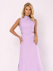 Formal Dress For Parties, Graduations, Or Weddings. Long, Tailored Dress With A High Neck, Side Slit, Side Opening Detail, Comfortable, With Pockets, Elegant. - 紫丁香色 - 查看 2