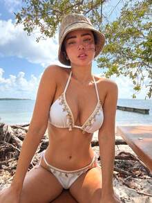 Women White Halter Bikini Set With Delicate Shell And Starfish Embellishments Tie Side Bottom For Beach Trips Vacation Summer - White - View 3