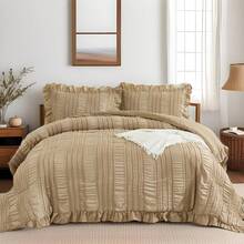 Beige Textured Comforter Set King,3 Pieces Ruffle Farmhouse Shabby Chic Comforter For Queen Bed,Soft Seersucker Boho Bedding Set With 1 Ruffle Comforter,2 Tufted Pillowcases 104"*90" For All Seaaons Home Decor Bedroom Decor Bed Comforter Set Mothers Day Gift. - Beige-0958 - 查看 7