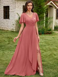 MIUSOL V-Neck Sequin Floral Lace Patchwork Chiffon Ruffle Sleeve Side Slit Maxi Evening Party Dress Spring Wedding - Dusty Pink - View 7