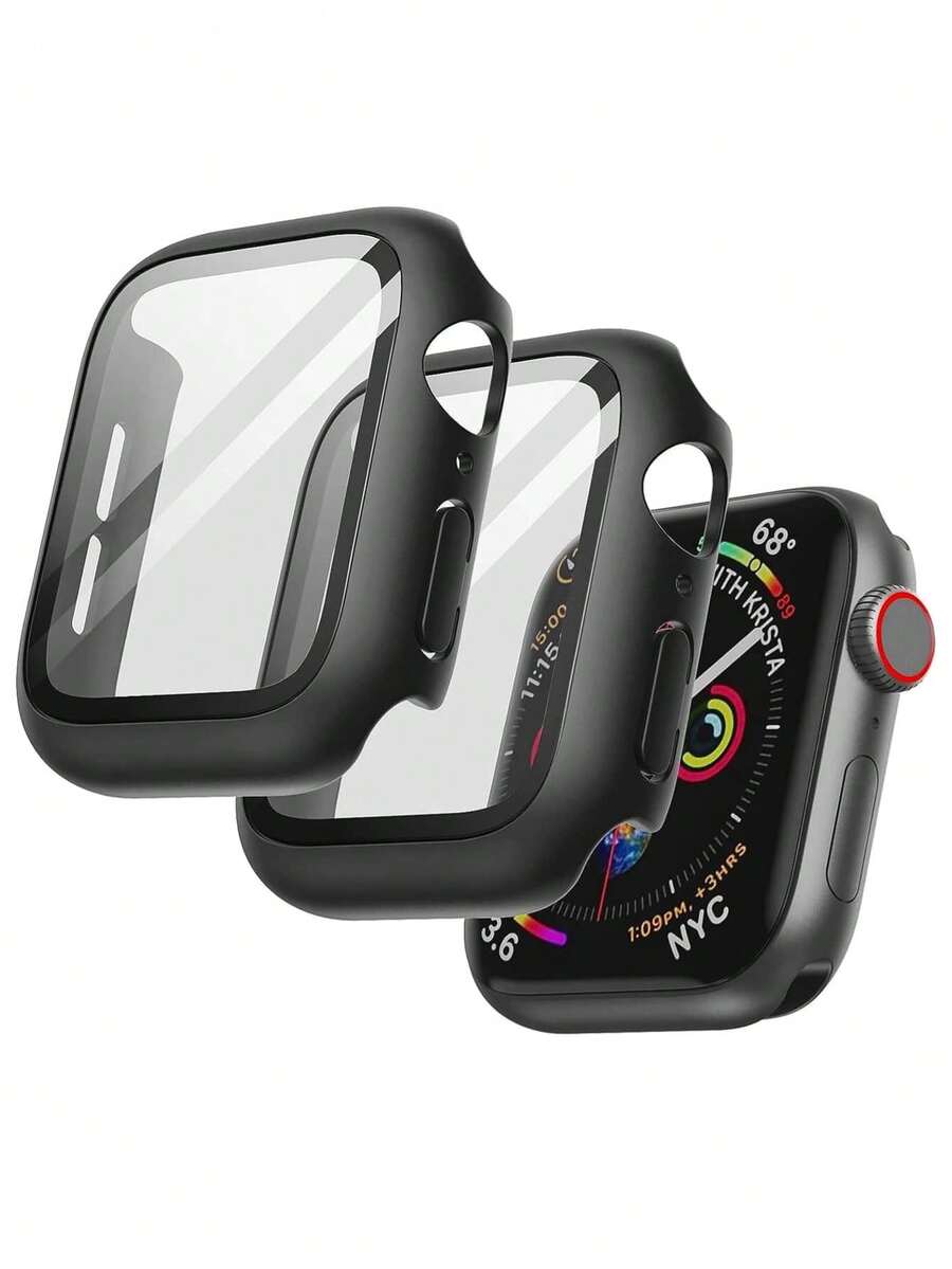 Bộ 2 miếng dán cường lực 3 trong 1 kèm miếng dán màn hình, tương thích với Apple Watch Series 11 10 9 SE 8 7 6 5 4 40mm 41mm 44mm 45mm 42mm 46mm 49mm, bảo vệ toàn diện, tích hợp kính cường lực chống trầy xước, độ nhạy cao, miếng dán màn hình PC cứng cáp, siêu mỏng, chống xước, tương thích với .