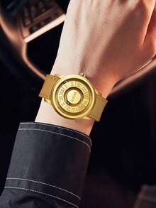 DOM 1pc Men's Watch, Retro Style Roman Numeral Dial Quartz Waterproof Wristwatch, Unique Magnetic Levitation Technology, Leather Strap And Steel Strap, Suitable For Gifts And Daily Wear - Gold Dial Brown Leather Strap - View 3