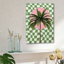 1幅复古风格帆布墙画，粉色和绿色棕榈树搭配格子图案，展现加州夏季热带风情，融合90年代和Y2K的优雅美学，适合作为节日礼物或卧室装饰，不含画框。 - 彩色 - 查看 8