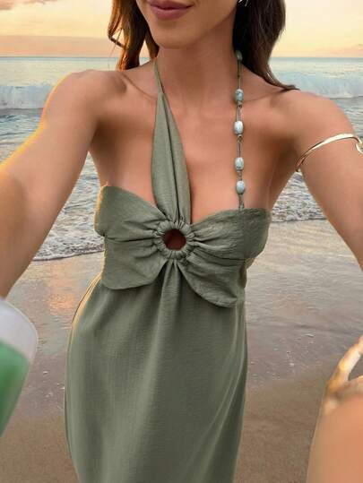 女士花卉串珠吊带连衣裙，休闲度假连衣裙，夏季优雅款