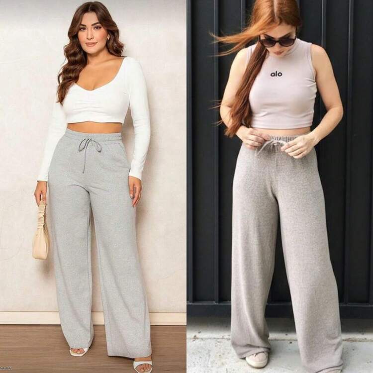 Kit Of 2 Women's Pants, Lanzinha Style, Winter/Summer Fashion, Wide Leg,  2026 - 灰米色 - 查看 1