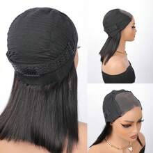 Short Black Hair Glueless Bob Wig With Airy Bangs Human Hair 4X4 Closure Wig Ready To Go Bob Wig, Wear Go Pre Cut Pre Plucked Glueless Closure Wig Layered With Fringe Bangs - SNatural - View 9