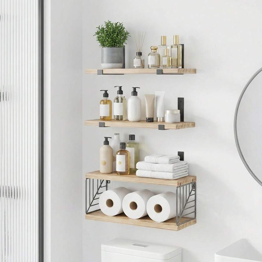 Tomnk 3+1 层浴室浮动搁板，位于马桶上方，15.8 英寸农舍乡村风格木质搁板，适用于浴室、客厅、卧室和厨房的墙壁装饰，家居浴室装饰浴室收纳盒，夏季返校季 - 彩色 - 查看 1
