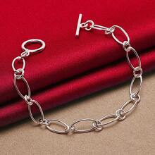 925纯银镀层简约链条OT扣手链，女士魅力婚礼订婚派对时尚首饰 - 銀色 - 查看 5