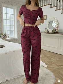 Women's Pajama Set Sleepwear Blouse And Cropped Top With Heart Print, Button-Down Cropped Top, Elastic Waist Pants, Warm Suede, Everyday Wear, Sizes P, M, G, GG, Night Comfort Line - 酒紅色 - 查看 4