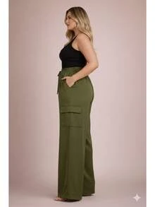 Women's Plus Size Tailored Cargo Pants With Wide Legs - Màu xanh lá cây đậm - Xem 2