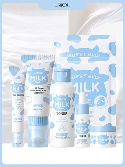 1 Set de Cuidado de la Piel Hidratante de Leche LAIKOU (Crema Iluminadora para Ojos con Rodillo de Leche 20g + Espuma Limpiadora de Leche 80g + Tónico Hidratante de Leche 100ml + Esencia de Leche 17ml + Crema Hidratante de Leche 25g + Mascarilla Facial Hidratante Suave de Leche 25g*2), Adecuado para Mujeres, Madres, Esposas, Hermanas, Adolescentes, Novias, Ideal para Viajes, Campamento, Senderismo, Montañismo, Actividades al Aire Libre