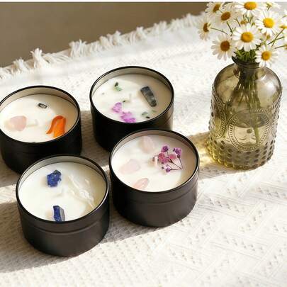 6cm/2.36in, 1pc. Festival Gift Crystal And Dried Flower Scented Candle, 4 Fragrance Options. Made Of Natural Soy Wax, Smokeless, Long-Lasting Aroma. Matte Black Container With Premium Texture. Suitable For Festival Decor, Festival Gift, Holiday Decoration, Tabletop, Valentine's Day Gift And More