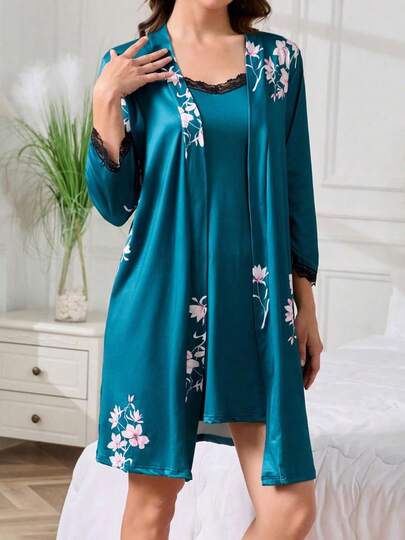 2pcs Women's New Lace Embroidery V-Neck Camisole Long Sleeve Nightgown, Comfortable Floral Print Sleepwear Set