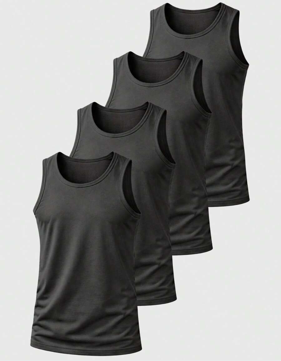 Kit 04 Men's Cotton Tank Top Shirt Comfortable Basic Plain - Black - View 1