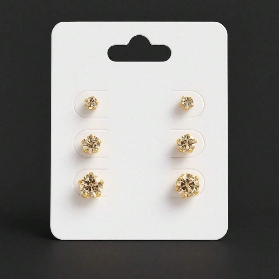 3 Pairs Of Women's Stud Earrings In Gold With Cubic Zirconia, 18k Gold Plated Costume Jewelry - 金色 - 查看 1