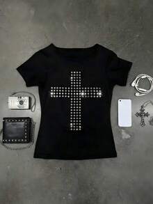 Women's Punk High Stretch Retro Cross Sequin Round Neck T-Shirt Tee For Street Concert Summer Spring, Concert Rave, Tops, Shirts, Vacation, Summer, Spring Break, Spring Casual Black - Black - View 8