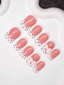 10片方形手工美甲贴片，Y2K 酷炫风格，裸色和白色法式贴片，波点、蝴蝶结装饰，闪亮美甲贴片，适合派对、婚礼、日常佩戴，包含工具包，是送给女性和女孩的绝佳礼物。 - 彩色 - 查看 3