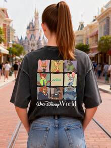 This Disney Women's T-Shirt Features A Creative Zootopia Letter And Cartoon Print. It's A Spring/Summer Style Round Neck Retro Washed Cotton T-Shirt, Made Of Soft And Comfortable Pure Cotton Fabric, Suitable For Everyday Wear, Shopping, Travel, And Casual Occasions. It Also Makes A Wonderful Gift. - Black - View 3