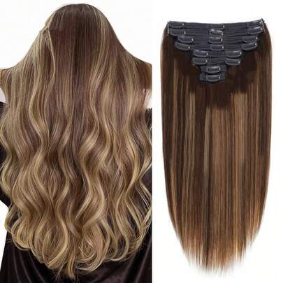 8 Piezas de extensiones de cabello humano brasileño con clips, rectas, con color destacado 4/27