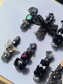 10pcs Gothic Style Nail Stickers, Luxury Unique Silver Gradient Glitter High-End Design, Skull, Metal Rabbit, Rose, Cross, Bow, Pearl, Teddy Bear And Other Punk Metal Y2K Nail Art Elements - Multicolor - View 3