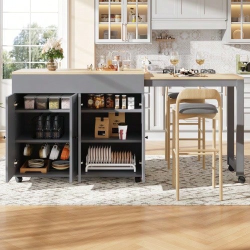 Modernere ausziehbarer Bartisch (118-180*50*94cm), Ausziehbarer Esstisch mit Stauraum, mit sechs AblageflächenStehtisch Bistrotisch, voor Esszimmer, Verwendung als Wohnzimmertrennwand, Grau