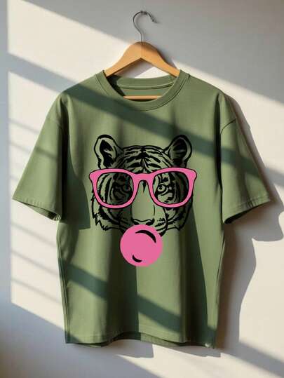 Women's Summer New Simple Tiger Mouth Bubble Print Casual Vacation Style Loose Versatile Round Neck Green Short Sleeve T-Shirt, Fashionable Everyday Top, Suitable For Daily And Vacation Wear