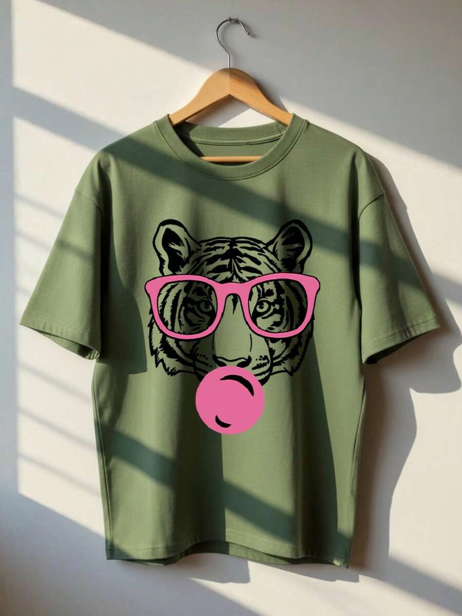 Women's Summer New Simple Tiger Mouth Bubble Print Casual Vacation Style Loose Versatile Round Neck Green Short Sleeve T-Shirt, Fashionable Everyday Top, Suitable For Daily And Vacation Wear