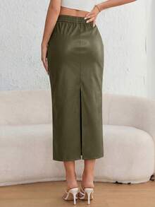 Women Fall Midi Skirts Casual Faux Leather Elastic High Waist Ruched Slit Back Bodycon Pencil Skirt Going Out Business Cocktail Party Outfits - 軍綠色 - 查看 2