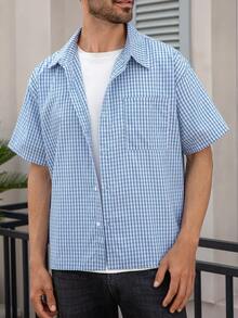 Men's Casual Patterned Short Sleeve Shirt, Loose Fit Retro Plaid Open Front Top - Blue - View 4