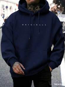 [Fleece-Lined Hooded Sweatshirt] Oversized Men's Fleece-Lined Hooded Sweatshirt |   ORIGINALS Letter Print,  Pocket, Adjustable Drawstring Hood, Relaxed Fit, Quality Stitching, Unisex Style, Everyday Comfort For Fall Winter Warmth-White And Navy Off-The-Shoulder Cropped Top - 藏青色 - 查看 3