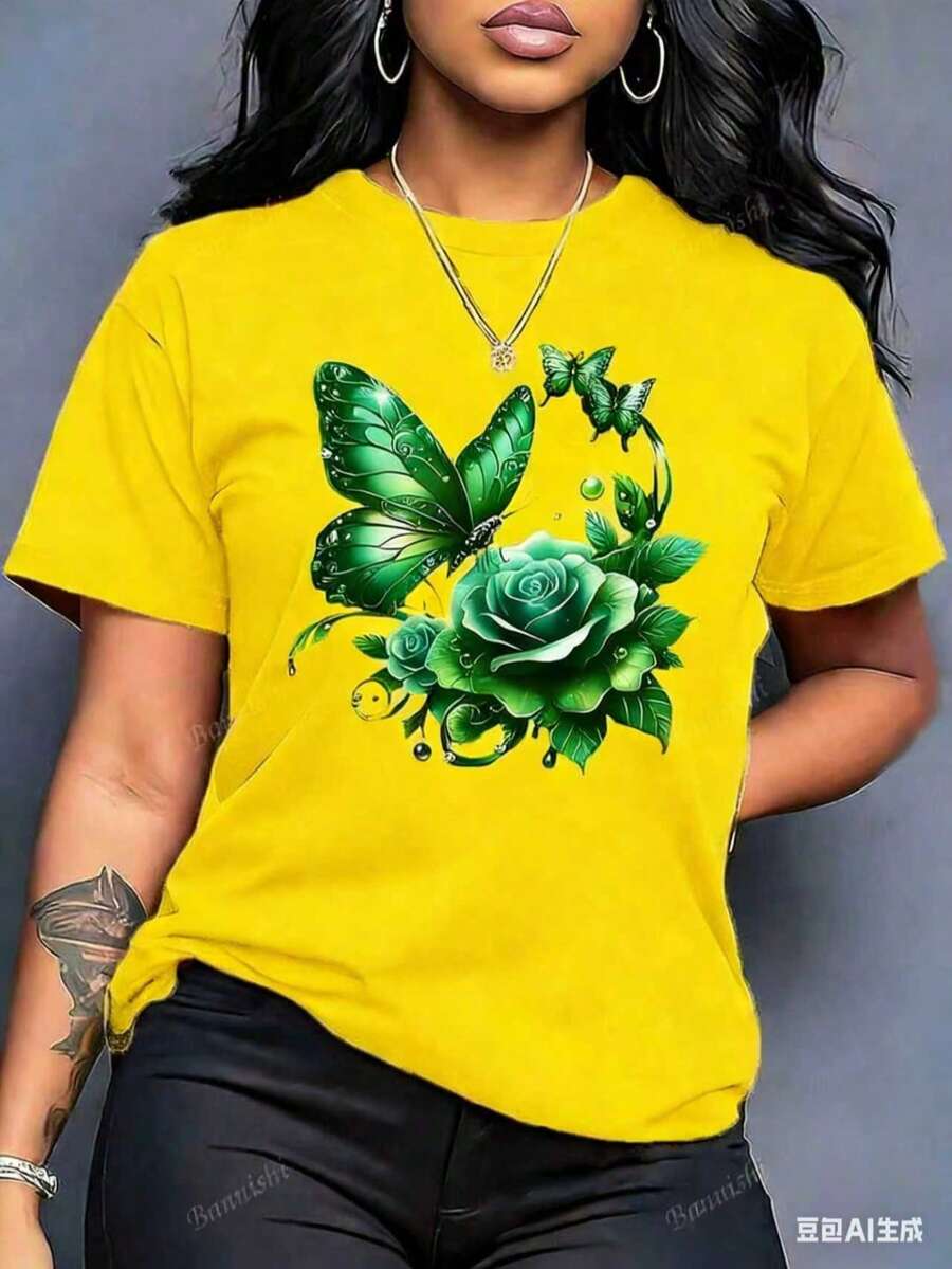 Women'S Casual Crew Neck T-Shirt With Purple Rose And Butterfly Graphic Print,Ideal Birthday Or Holiday Gift, White And Navy The-Shoulder Cropped Top - 黃色 - 查看 1