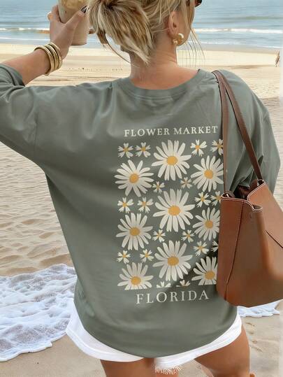 新款夏季女式简约彩色向日葵花卉字母印花圆领短袖T恤，时尚百搭，适合女士上衣、度假和春假穿着。