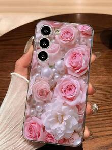 1个可爱粉色玫瑰仿珍珠花朵软壳手机壳，兼容华为、荣耀、Galaxy A04e/12/A13/A14/A34/A50/A52/A53/A54/S21/S22/S23/S24/S25/S25Ultra/S26/S26 Plus/S26 Ultra、6A/7A/8A、12T/13T - 無色 - 查看 6