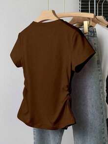 A Simple Solid-Color Short-Sleeved T-Shirt Set For Women, Suitable For Daily Wear And Easy To Match With Various Outfits. Includes 1 Piece - Brown - View 2