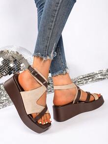 Women's Cross Strap Platform Wedge Sandals With Ankle Buckle - Beige - View 4
